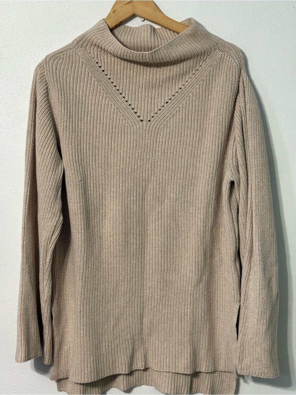 Pact Women's Beige Ribbed Cowl Neck Sweater Organic Cotton medium